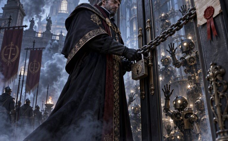 Magistrate chaining a laboratory door shut while clockwork agents press the glass, OpenAI subpoena