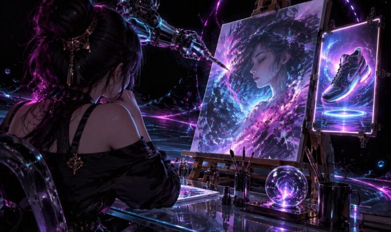 ChatGPT ads: a mechanical arm paints a canvas while a glowing sneaker ad panel lights up beside the easel