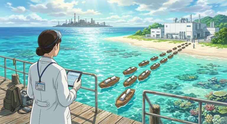 Rapidus 2nm design partners: boats carrying blueprints sail toward a new chip factory on a turquoise shore