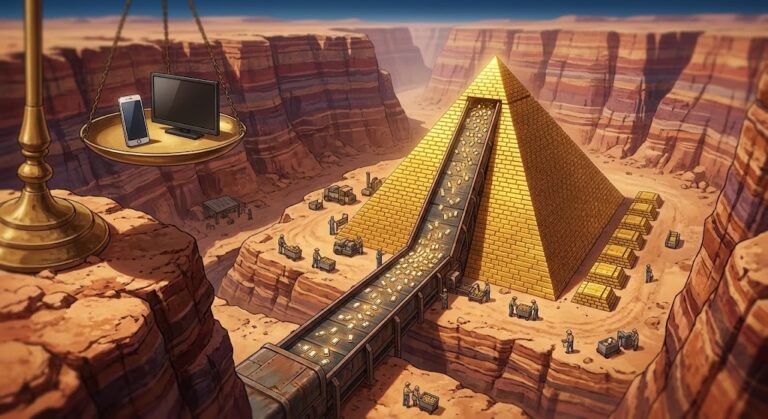 Samsung Q3 profit: memory chips flow into a towering gold pyramid on a canyon floor