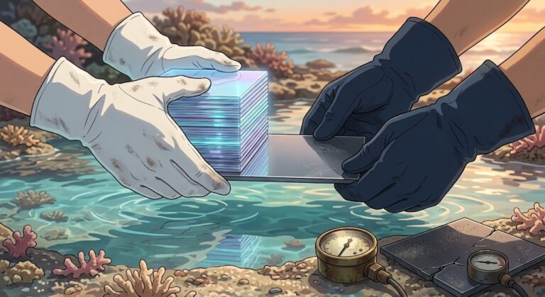 Gloved hands sliding a polished base tile under a stack of glowing memory layers over a reef tide pool, Samsung TSMC HBM