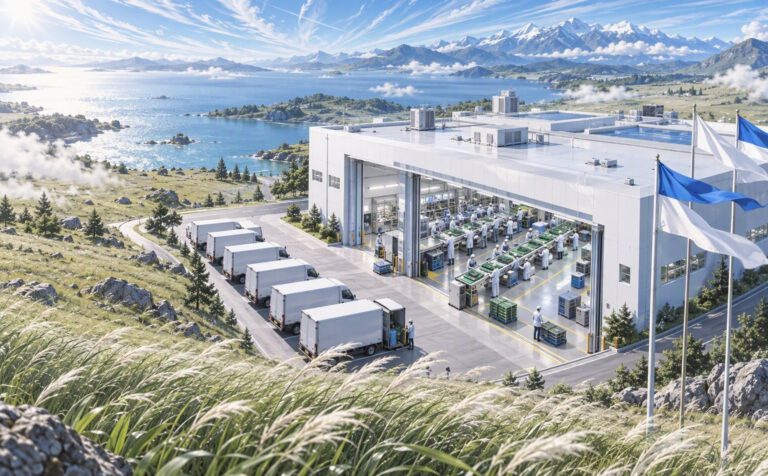 Isometric new factory on a windswept plain with workers laying circuit boards on a conveyor, Singapore chip substrate plant