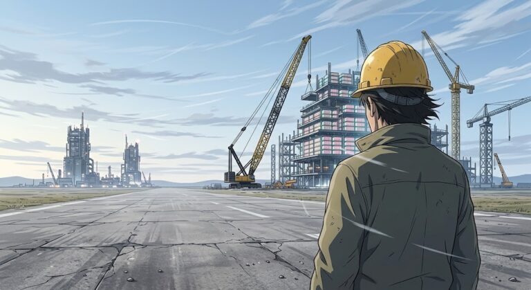 SK hynix Honam fab: engineer on a windswept airfield watching cranes raise a new chip factory