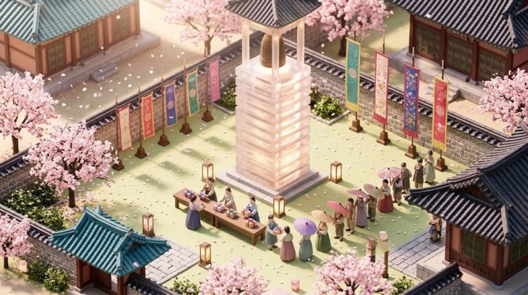 SK hynix Q3 earnings: spring festival in a palace courtyard with a tower of glowing memory slabs