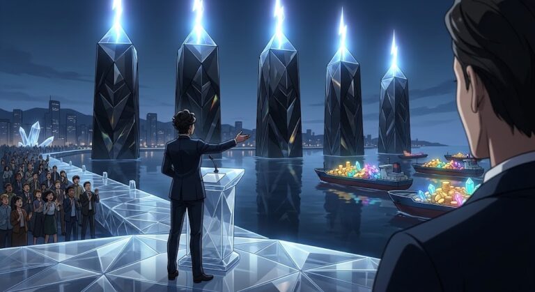 Executive presents five crystal server monoliths rising from a harbor, an SK Hyper data center metaphor