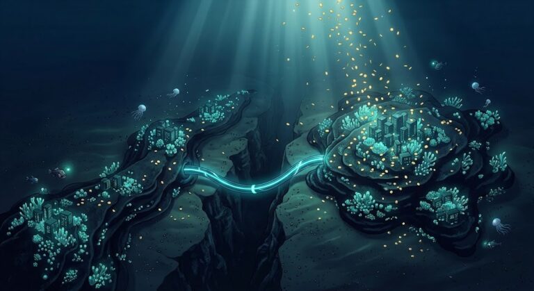 Glowing server reefs on a deep seabed under a rain of coins, a SoftBank Malaysia investment metaphor