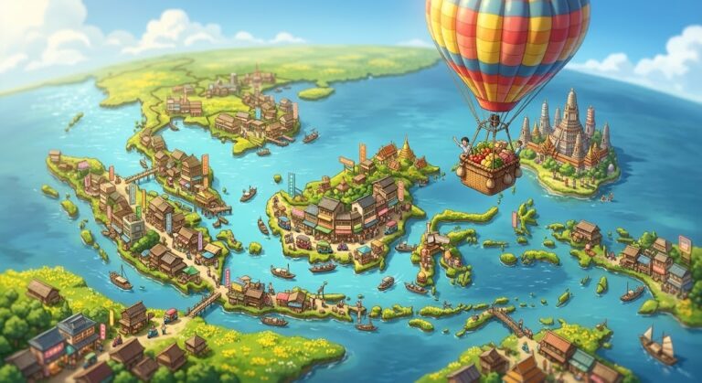 Isometric meadow map of Southeast Asia with island towns, boats and a hot-air balloon, generative AI adoption metaphor