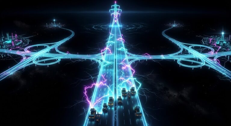 AI super highway: a glowing four-lane highway of light paved through a black void toward four city interchanges