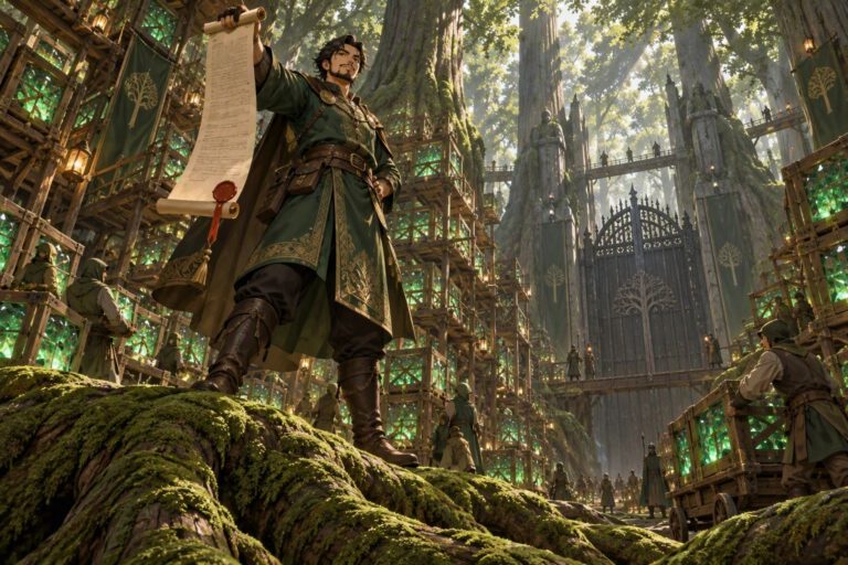 Tencent Oracle GPU deal: merchant with a lease scroll before rows of glowing crates in a forest warehouse