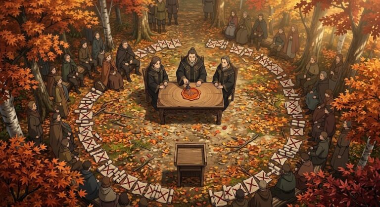 Sound-wave seal stamped on a judge's table in an autumn clearing, Japan AI voice cloning ruling