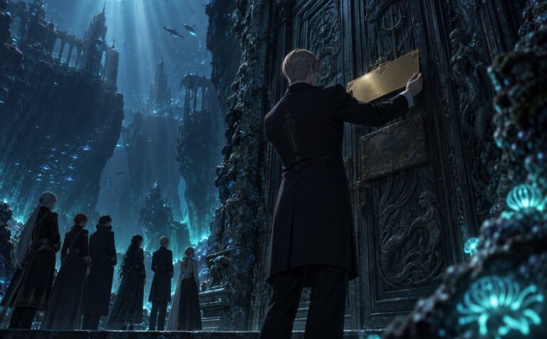 Official hanging a new brass nameplate over an old one on a deep-sea door, Super Intelligence executive order
