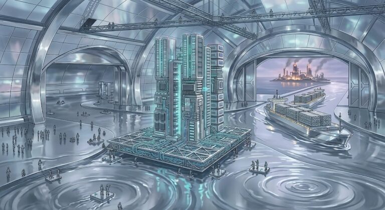 TSMC GlobalFoundries deal: workers slide a silver interposer platform beneath glowing AI chip towers